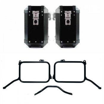 一对 Atlas 铝制包，40L+40L，搭配 Royal Enfield Himalayan 450 原装排气管框架（2024 年起）