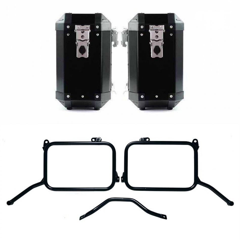 一对 Atlas 铝制包，40L+40L，搭配 Royal Enfield Himalayan 450 原装排气管框架（2024 年起）